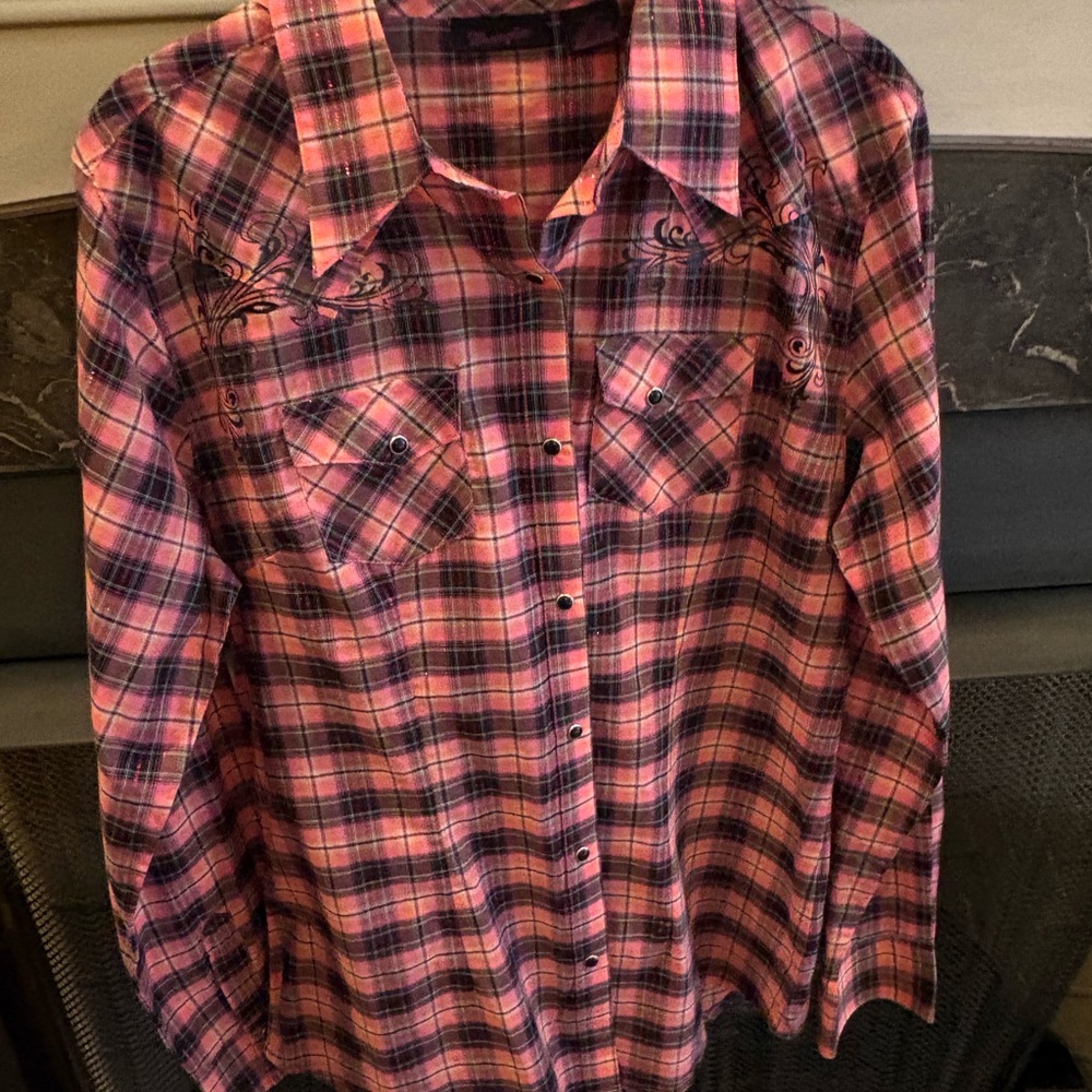 Women’s Wrangler Pink and Black Plaid Shirt with pink shimmer and black decal
